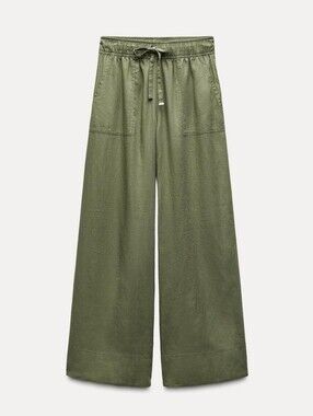 Zara Linen Blend Wide-Leg Drawstring Pants - Olive